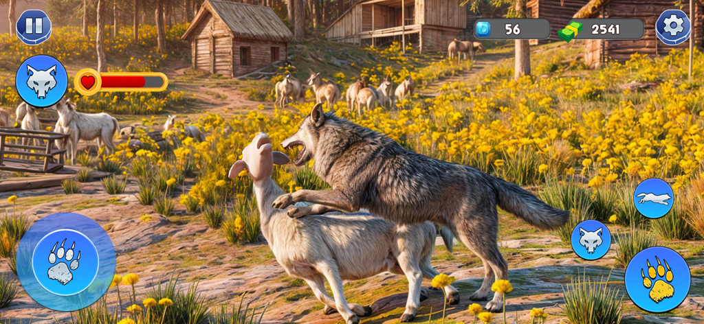 Wolf Simulator: Wild Craft RPG - 黄色い花と木造の小屋がある草地で、3Dオオカミキャラクターが白いヤギを攻撃している様子。