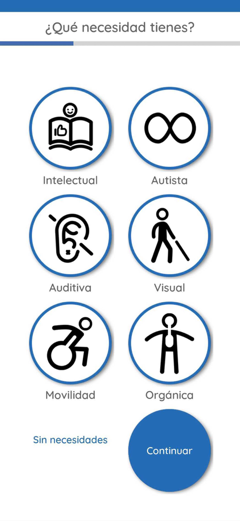 Screen for selecting accessibility profiles in the Park Guell app including mobility and sensory options