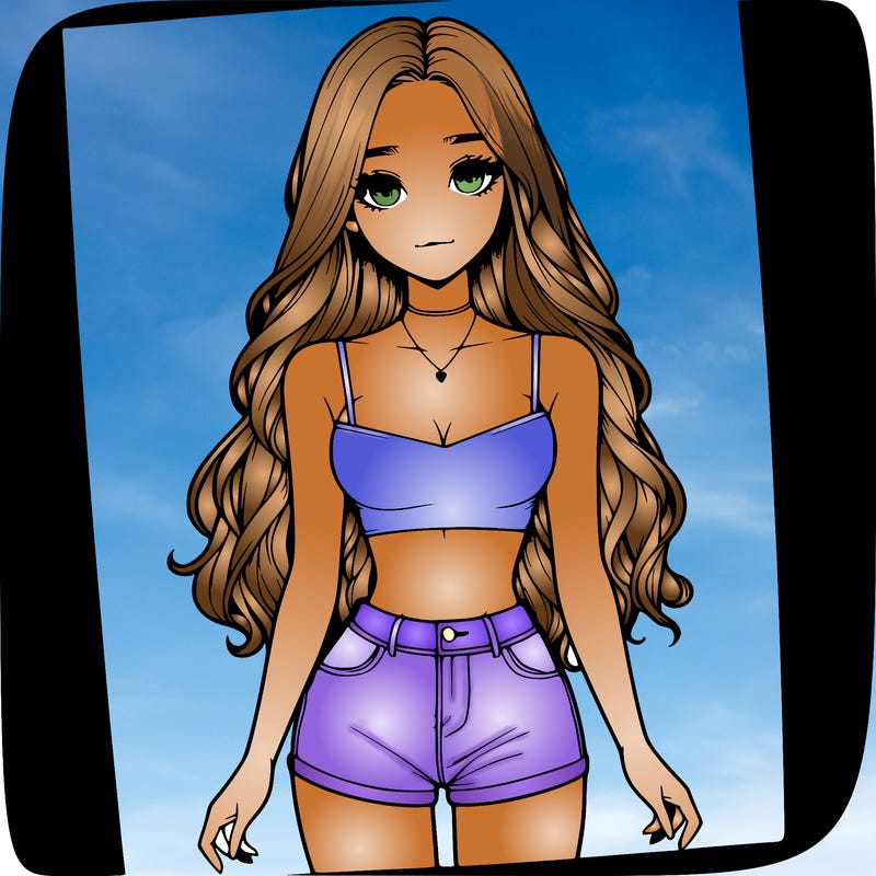 a realistic girl with long hair and in a crop top and shprts