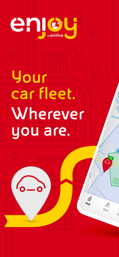 Schermata promozionale dell'app Enjoy vehicle sharing che mostra le auto disponibili su un'interfaccia di mappa