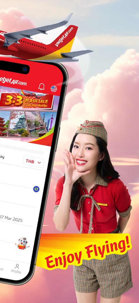 Vietjet Thailand - ベトジェットタイモバイルアプリのインターフェイス、3.3フラッシュセールプロモーションとフライト予約画面を表示