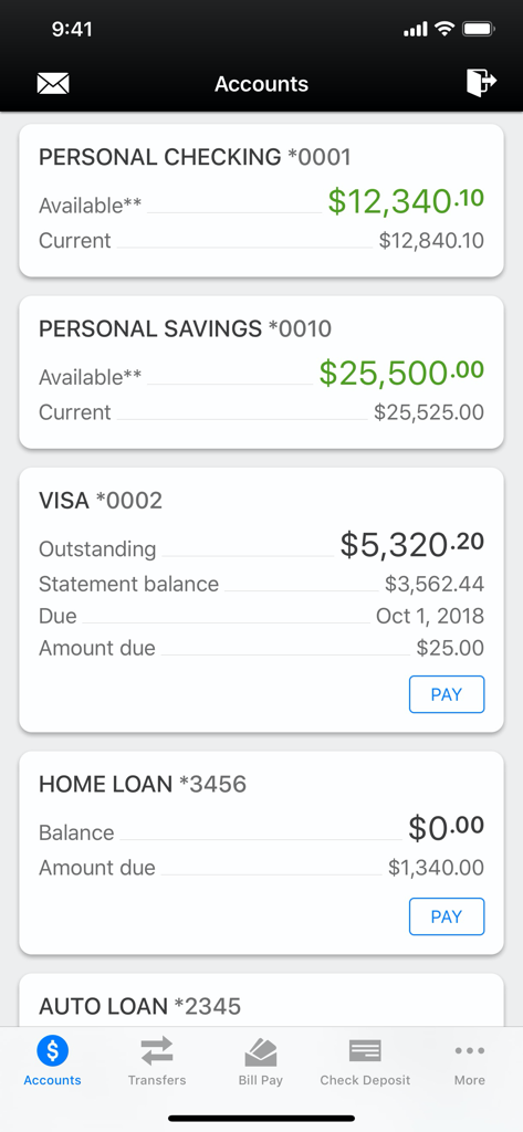 Mechanics Bank mobile app dashboard showing balances for checking savings and loan accounts