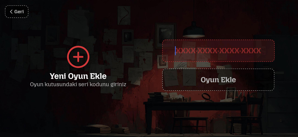 Mystic Games - Mystic Games app screen for adding a new game by entering a serial code over a detective themed background