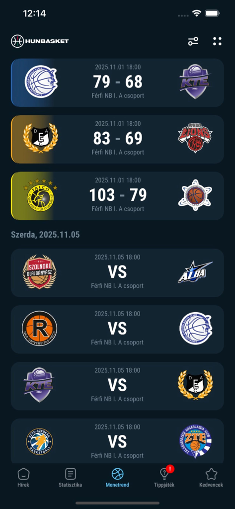 Hunbasket mobile app interface showing Hungarian basketball league results and upcoming match schedules.