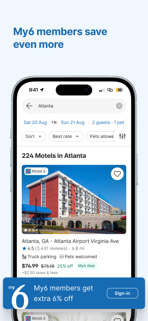 My6 app showing hotel search results for a Motel 6 in Atlanta with member discounts and pet friendly options