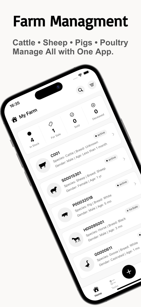 Livestock Manager-Farm Records - Smartphone screen showing the Livestock Manager app dashboard with digital records for cattle sheep and poultry