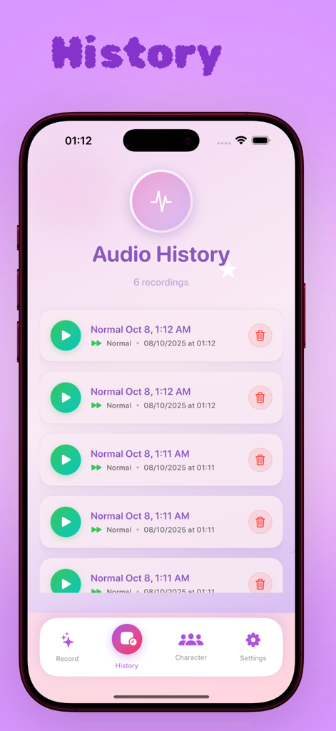 Gacha life Meme audio - Una pantalla que muestra el historial de grabaciones de audio con una lista de archivos de voz guardados y marcas de tiempo.