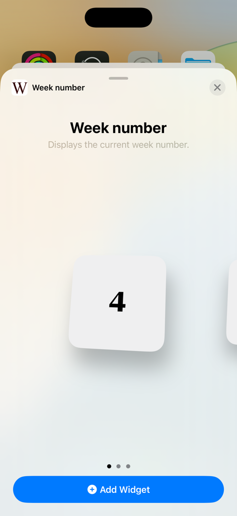 Week number app - Anteprima del widget dell'app Numero Settimana su iOS che mostra il numero della settimana corrente quattro