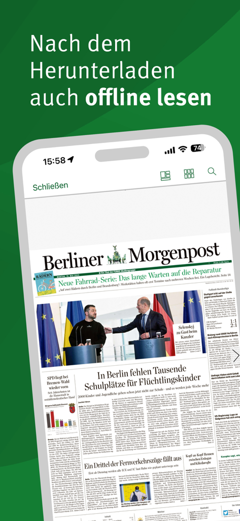 Berliner Morgenpost E-Paper - Tela de smartphone exibindo a interface do aplicativo Berliner Morgenpost E-Paper e o recurso de leitura offline