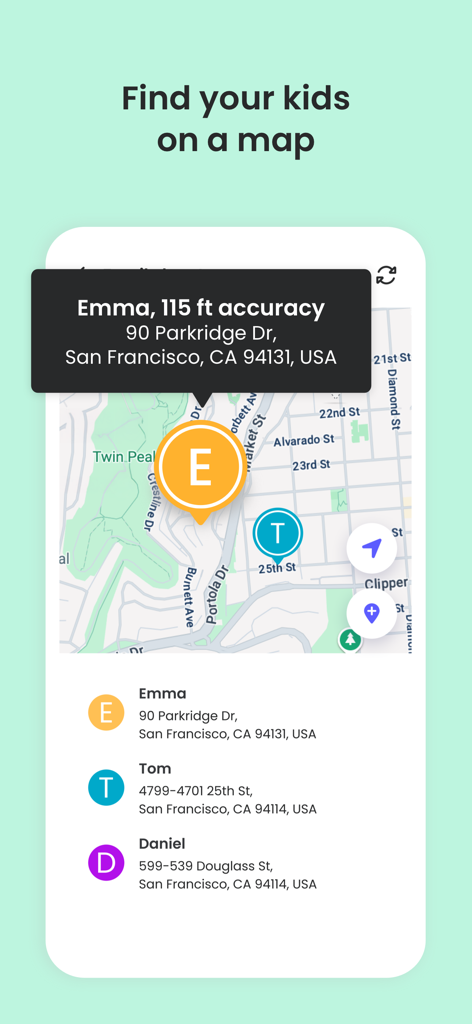 A map interface in the Qustodio app showing children's real-time locations and street addresses.