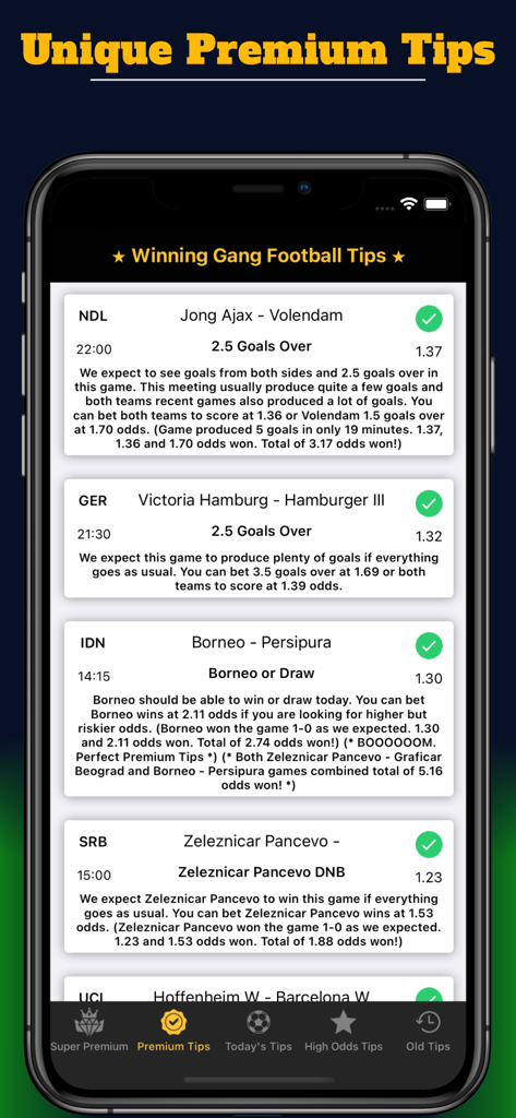 Screenshot of the Winning Gang app displaying unique premium football betting tips with detailed expert analysis and odds.