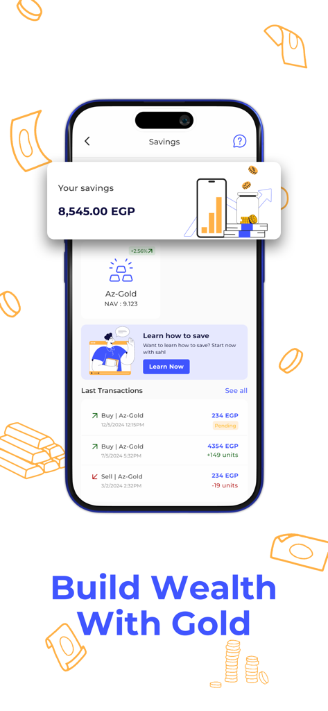 Sahl سهل - Payments Made Easy - Sahl app interface for gold investment showing savings balance and transaction history
