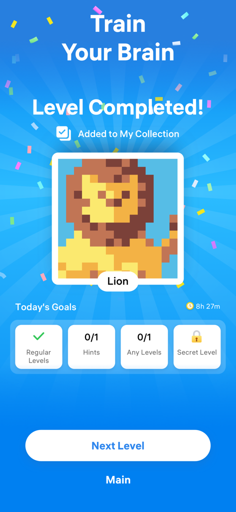 A completed level screen in the Nonogram app featuring a colorful pixel art lion image and daily goals