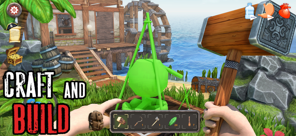Shark Land: Desert Island - A first person view of a player using a hammer to craft and build a base in the Shark Land survival game