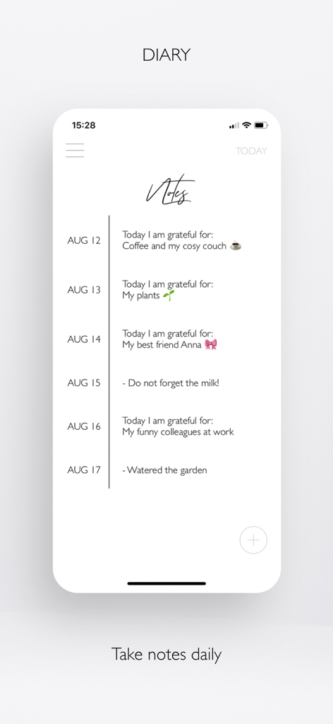 PLANBELLA - Planner App - Digital bullet journal interface showing daily gratitude notes and reminders in PLANBELLA