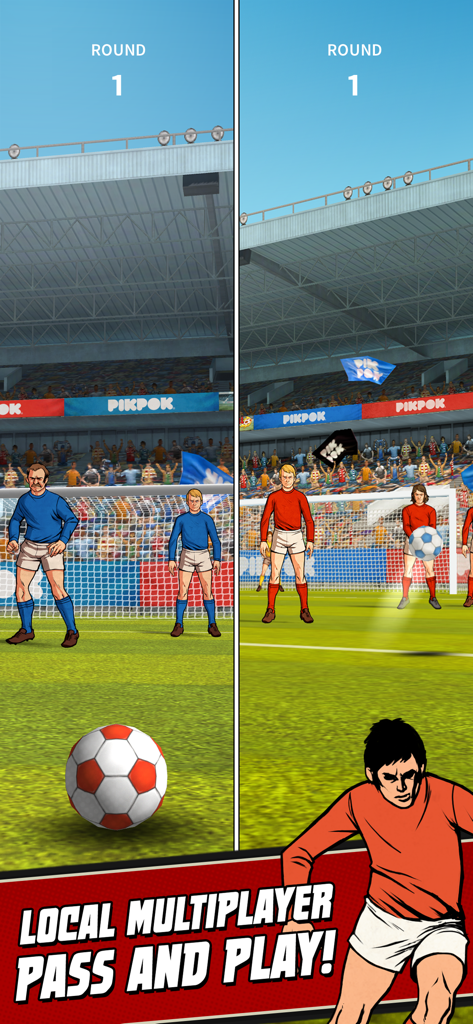 Flick Kick Football Kickoff - Local multiplayer pass and play mode screenshot showing split screen gameplay with retro football graphics