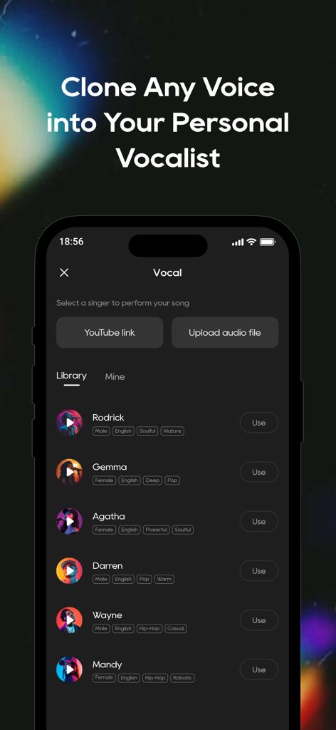 Mureka - AI Music Generator - Murekaアプリのインターフェース。ボイスクローンとAIシンガーの選択用