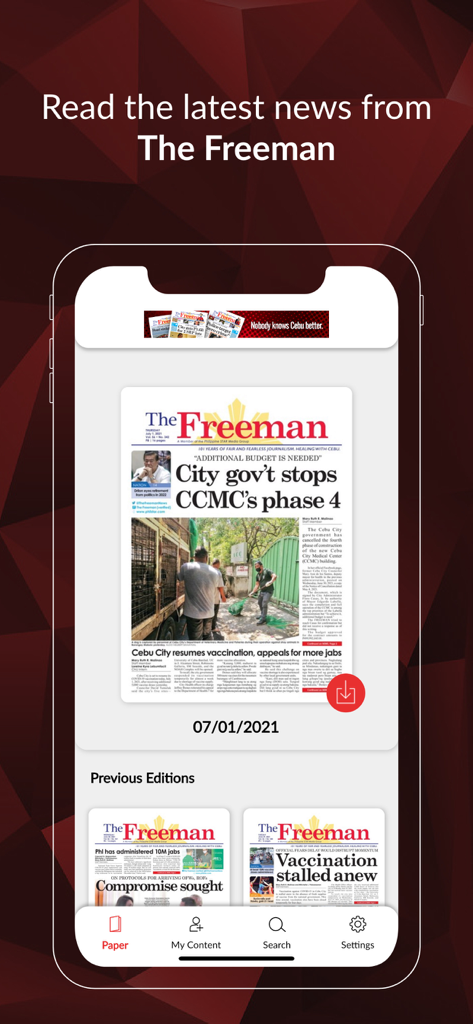 The Freeman Cebu mobile app displaying a digital newspaper edition with Cebu City news headlines