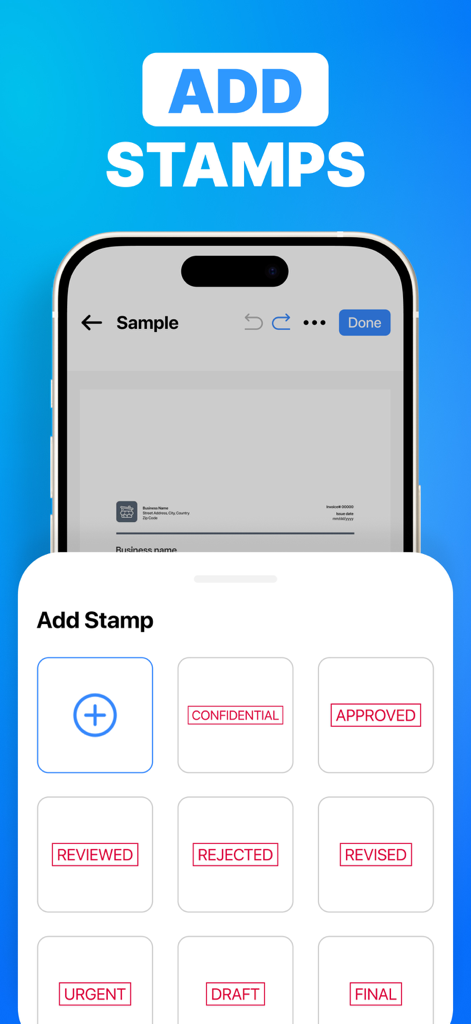 A smartphone screen displaying the Add Stamp menu in the eSign app with options like Approved Rejected and Confidential.