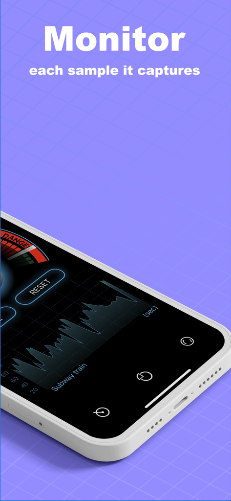 Sound Meter app displaying a real-time decibel level graph and monitoring noise samples