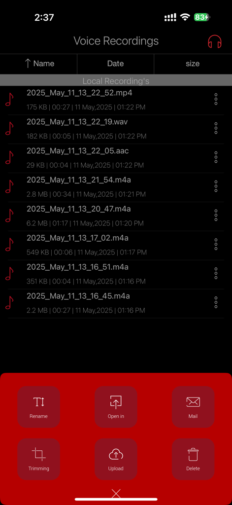 HD Recorder Pro : Voice Editor - List of voice recordings and file management options in the HD Recorder Pro app.