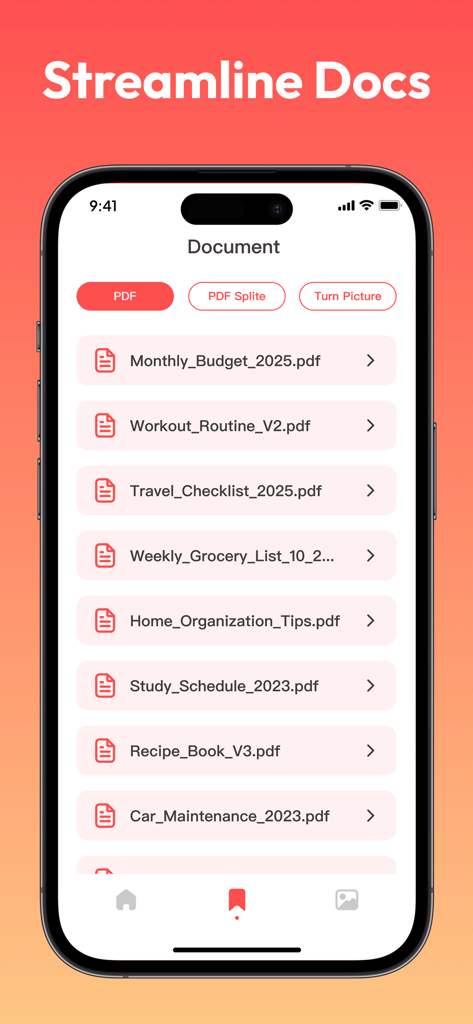 Interface do aplicativo Flexi PDF mostrando uma lista de documentos como orçamento e rotina de exercícios