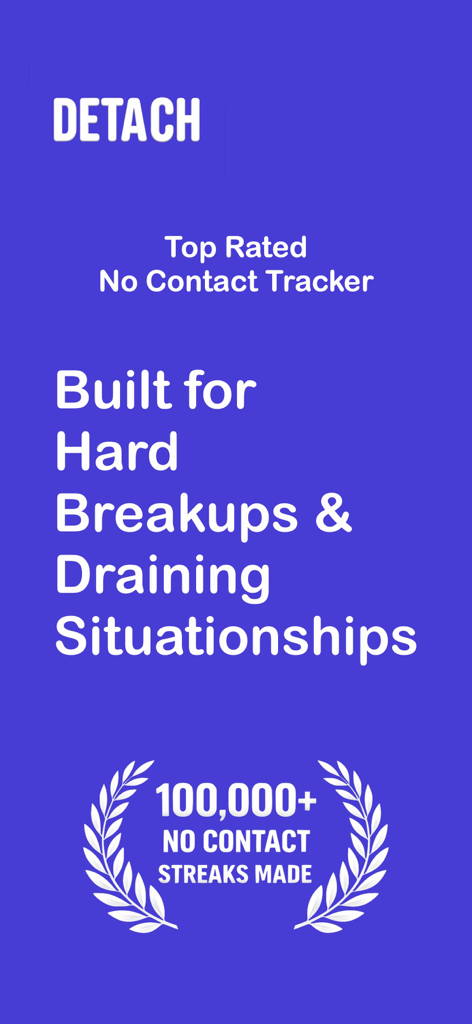 Detach: No Contact Tracker - Tela promocional para Detach No Contact Tracker destacando o suporte para términos difíceis e situações desgastantes com mais de 100.000 sequências feitas