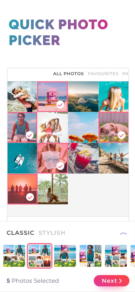 PicJointer-App, die den Bildschirm zur schnellen Fotoauswahl mit mehreren ausgewählten Fotos für eine Collage anzeigt