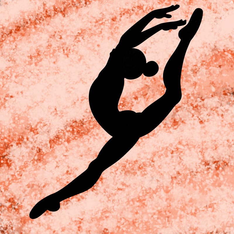 gymnast doing a leap in a leotard with a bent back leg