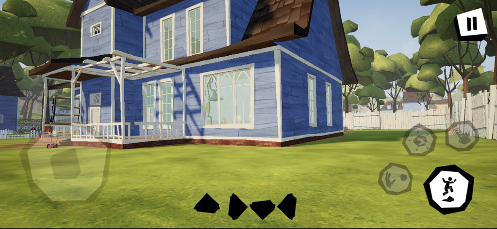 Exterior view of the blue house in Hello Neighbor mobile game
