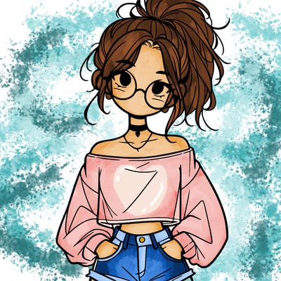 girl with a messy ponytail glasses a baggy crop top and jean shorts