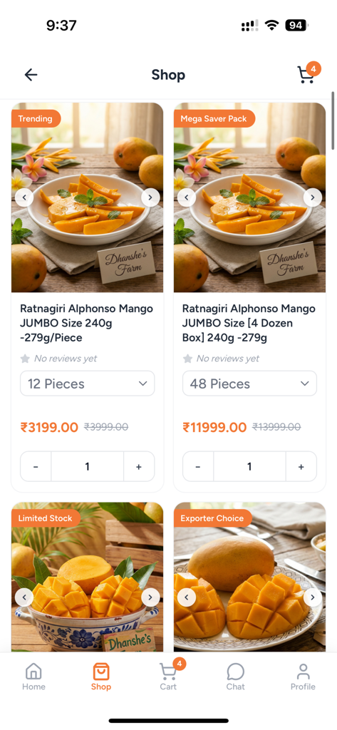 Dhanshe Farm - Dhanshe Farm mobile app shop screen showing listings for premium jumbo size Ratnagiri Alphonso mangoes