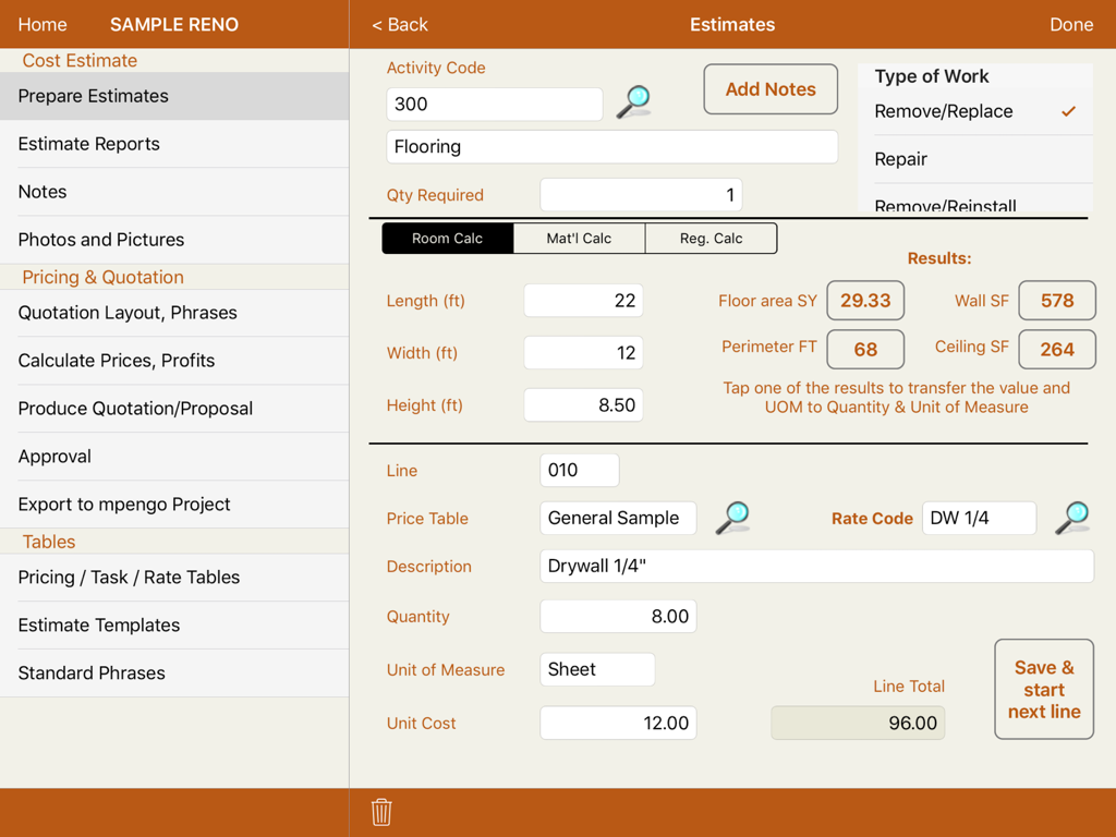 mpengo Quotes - Interface of mpengo Quotes showing a detailed estimate screen with room dimension calculator and line item costs for a renovation project.