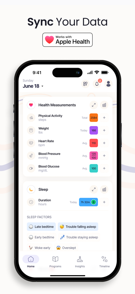 Brainway: Boost Productivity - Interfaz de la aplicación Brainway que muestra datos de seguimiento de salud y sueño sincronizados con Apple Health.