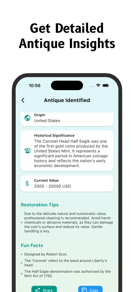 Antique Identifier - Antiqio - Mobile app screen showing historical significance and market value for an antique gold coin