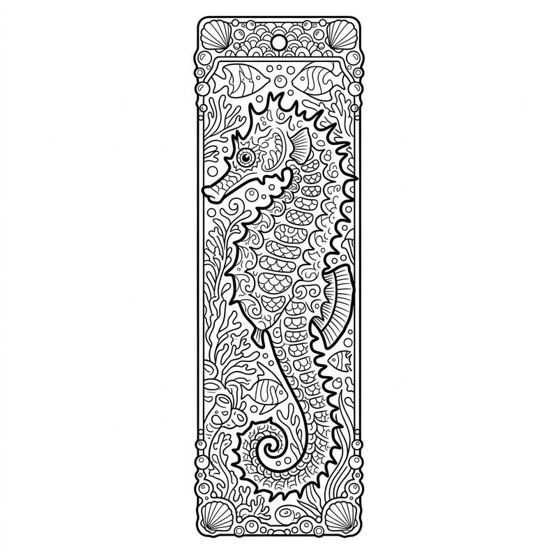 Bring a majestic thorny seahorse to life with your favorite colors on this unique bookmark. This intricate design is perfect for ocean enthusiasts who enjoy detailed coloring projects.