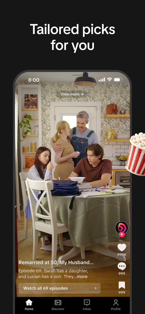 PineDrama app interface displaying tailored short drama recommendations and vertical video playback.