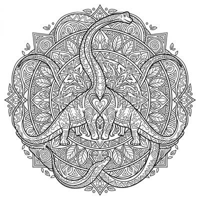 Dive into a unique coloring experience with this stunning Brachiosaurus Mandala. This intricate design blends the ancient world of dinosaurs with calming symmetrical art, perfect for mindful coloring.