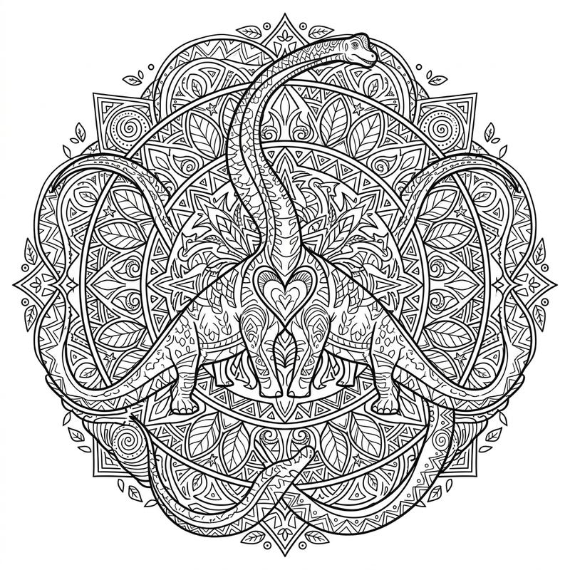 Dive into a unique coloring experience with this stunning Brachiosaurus Mandala. This intricate design blends the ancient world of dinosaurs with calming symmetrical art, perfect for mindful coloring.