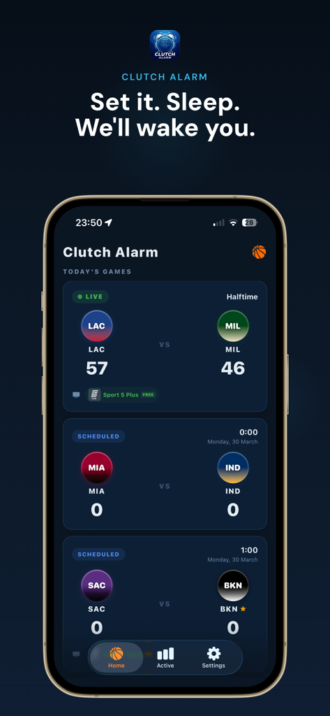 Clutch Alarm - Clutch Alarm app home screen displaying live and scheduled NBA game scores