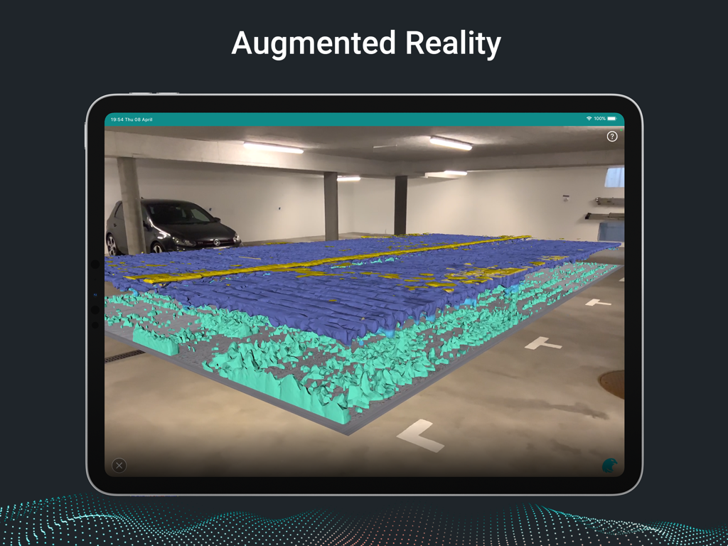 iPad 화면에서 콘크리트 바닥의 Proceq GPR 증강 현실 스캔