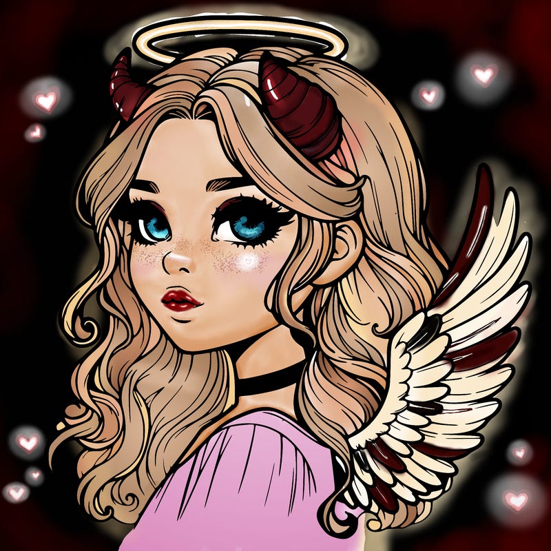 realistic girl with horns and wings and halo