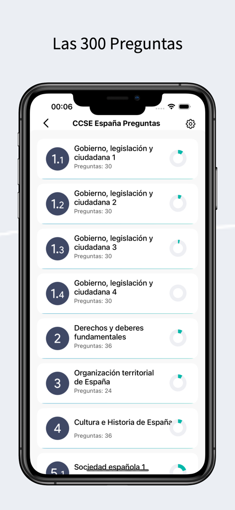 CCSE Exame Nacionalidad España - Écran montrant différents sujets d'étude et progrès pour l'examen CCSE de citoyenneté espagnole