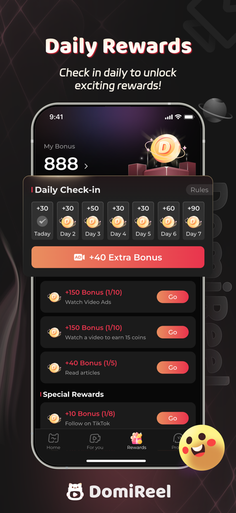 DomiReel-Short Dramas & Movies - DomiReelアプリのインターフェース。毎日のチェックイン報酬とボーナスコインのタスクを表示しています。