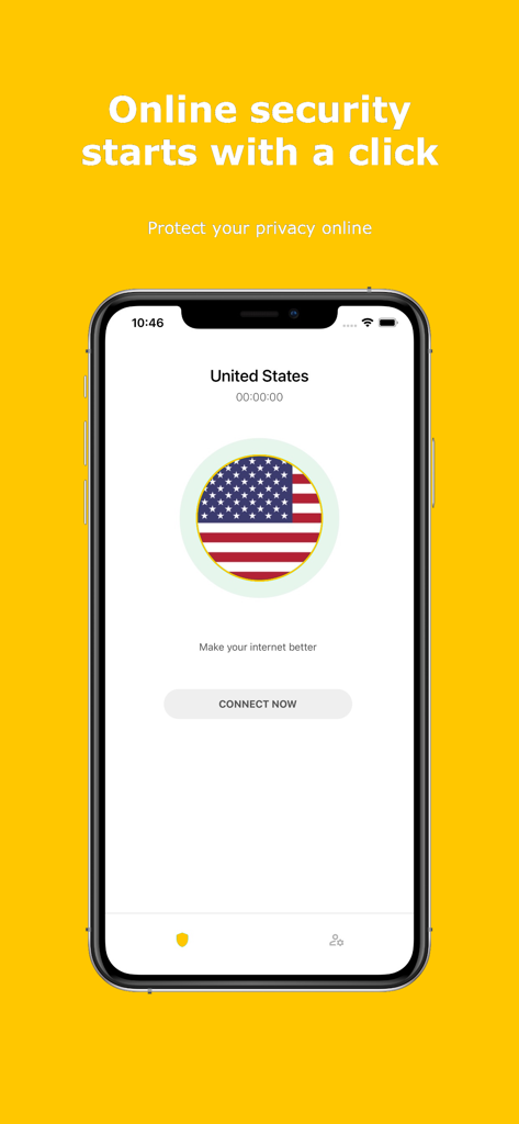 Yoga VPN mobile app interface showing one click connection to a United States server for online privacy