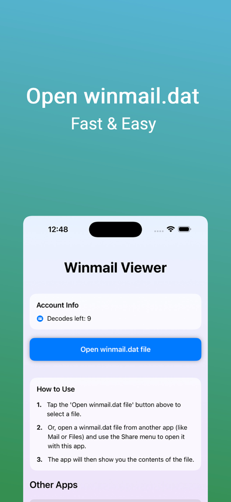 Winmail File Viewer - Interface of the Winmail File Viewer app showing a button to open winmail dat files and usage instructions on an iPhone.
