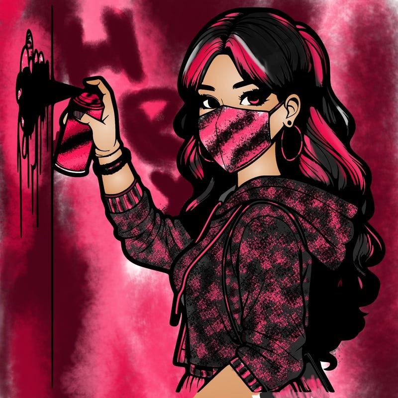 realistic girl with mask spray painting a wall