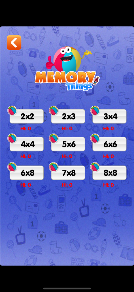 Pantalla de selección de nivel que muestra diferentes tamaños de cuadrícula para la aplicación Juegos de Memoria Cosas y Juguetes