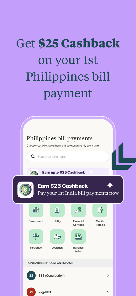 My Beacon - My Beacon mobile app screen showing a 25 dollar cashback offer for the first Philippines bill payment.