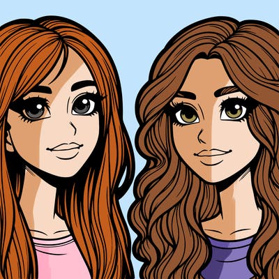 realistic two freinds girls both with blonde hair and brown eyes both hve noses one with straight hair and on with wavy hair realistic